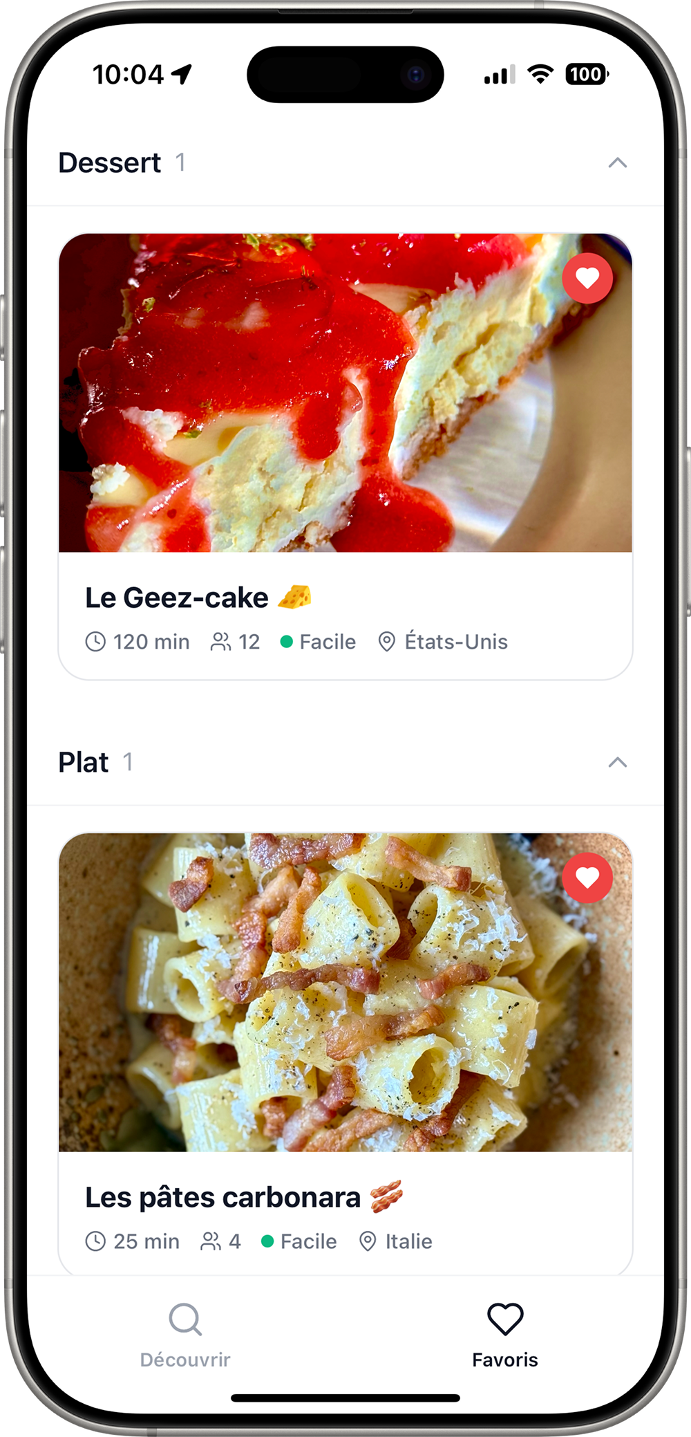 Page des recettes favorites